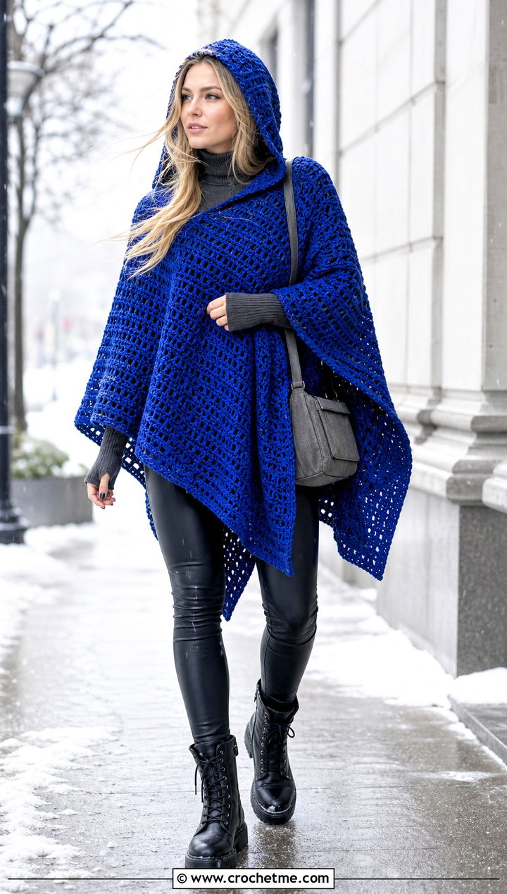 Hooded Crochet Poncho With Leather Leggings - 30 woman winter crochet poncho outfit ideas