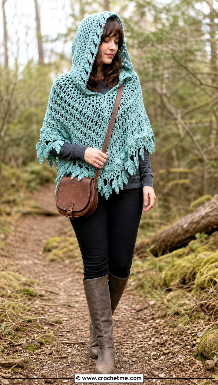 Hooded Crochet Poncho With Leggings - 25 Fairy Core Crochet Outfits ideas