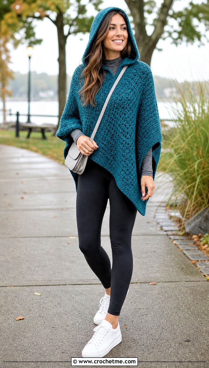 Hooded Crochet Poncho With Leggings - 25 ladies crochet poncho outfit ideas