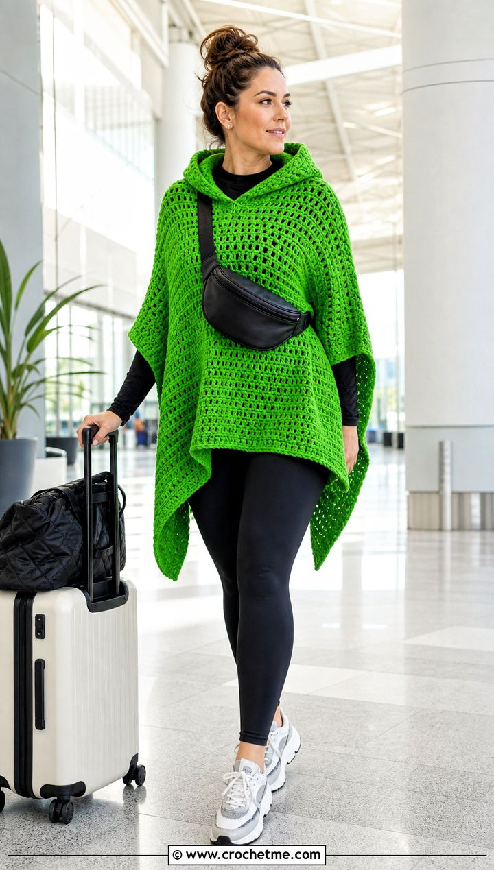 Hooded Crochet Poncho With Leggings - 15 Crochet Womens Poncho outfit ideas