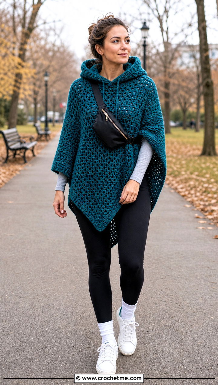 Hooded Crochet Poncho With Leggings - 15 Quick Crochet Poncho outfit ideas
