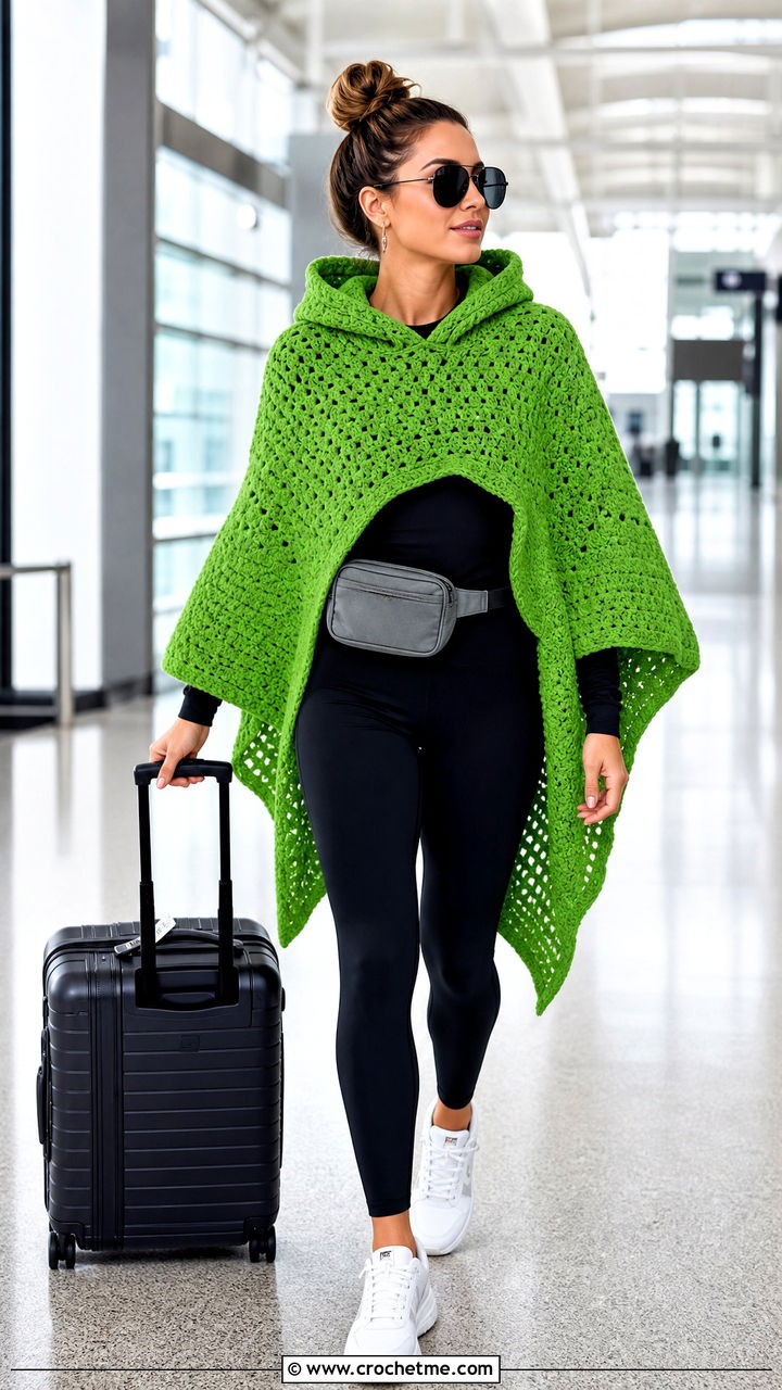 Hooded Crochet Poncho With Leggings And Sneakers - 35 easy crochet poncho woman outfit ideas