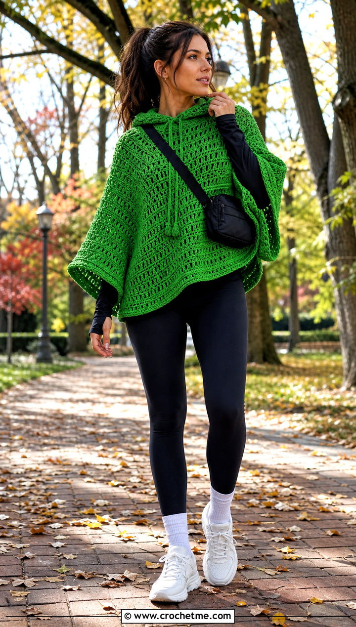 Hooded Crochet Poncho With Leggings And Sneakers - 25 Simple Crochet Poncho outfit ideas