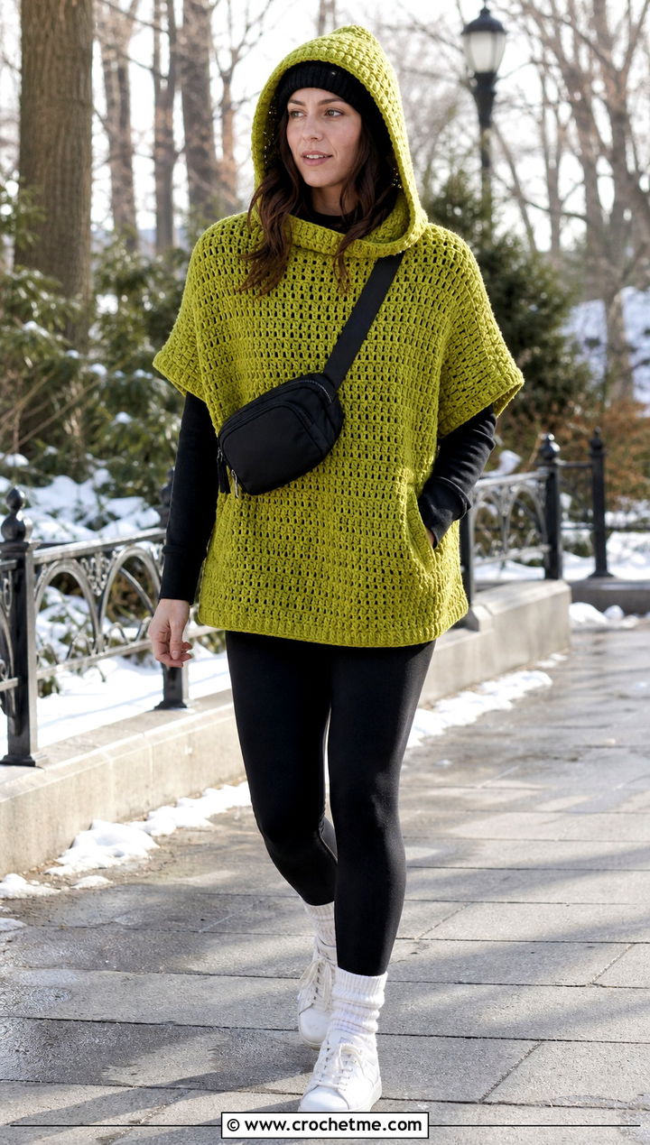 Hooded Crochet Poncho With Leggings And Sneakers - 15 Winter Crochet Poncho outfit ideas