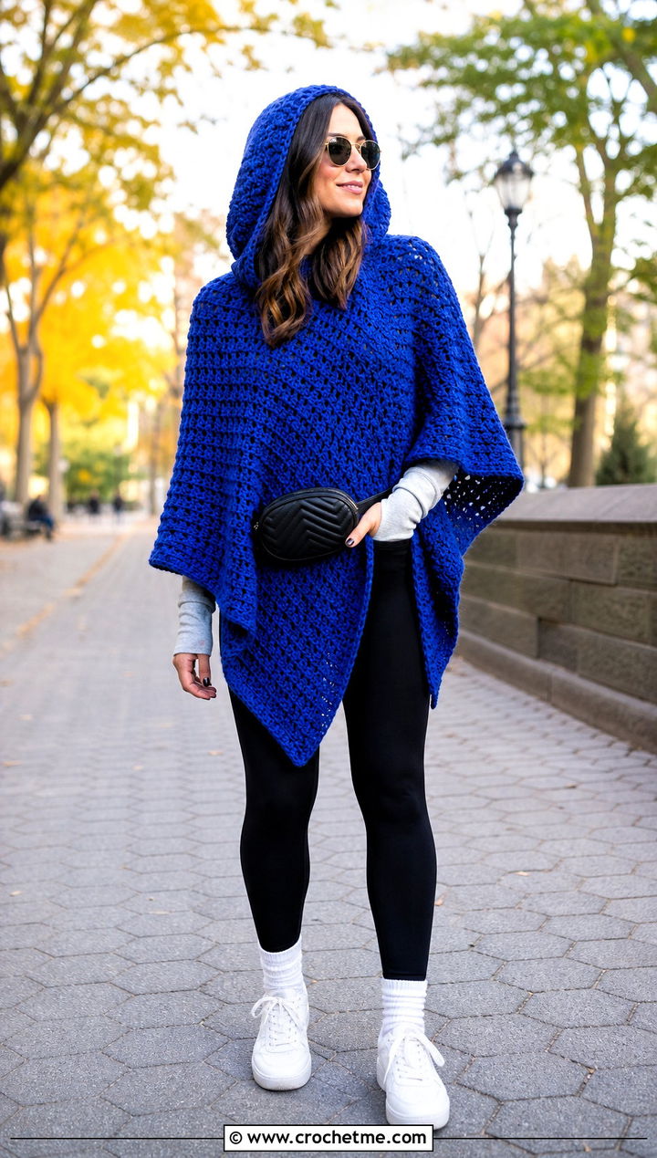 Hooded Crochet Poncho With Leggings And Sneakers - 20 Crochet Fall Poncho outfit ideas