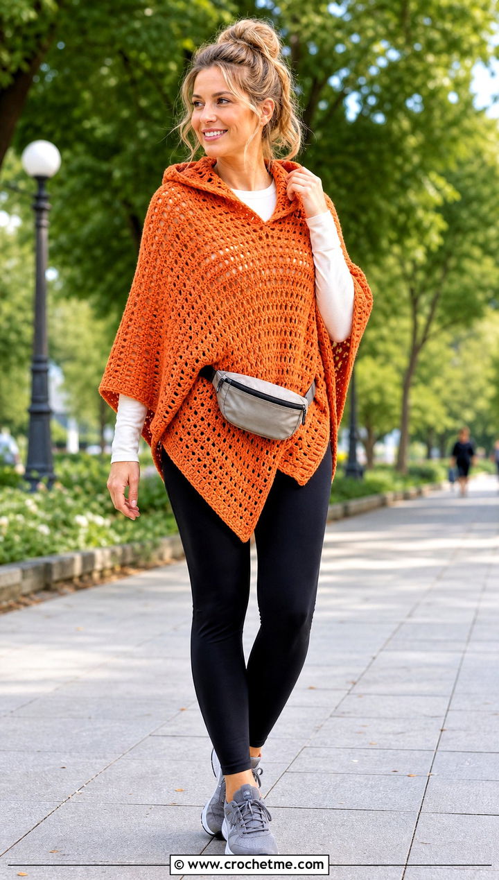 Hooded Crochet Poncho With Leggings And Sneakers - 20 Easy Crochet Poncho For Beginners outfit ideas