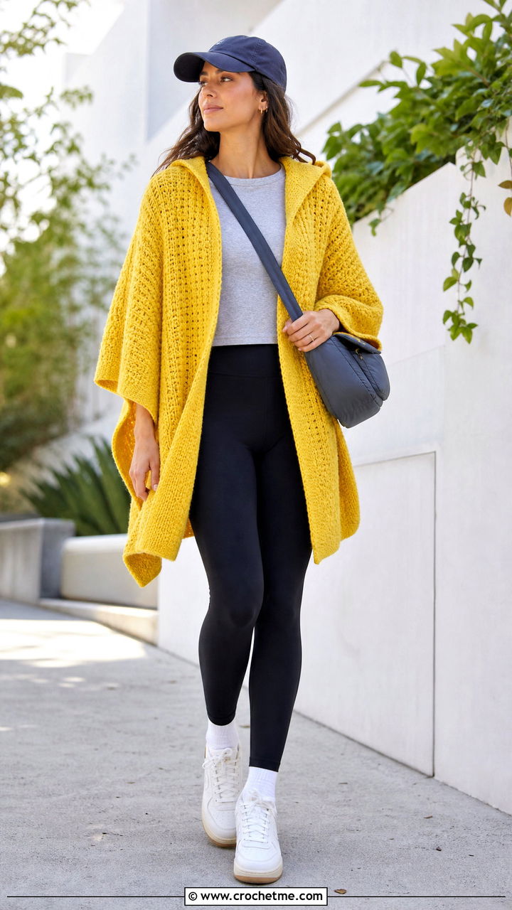 Hooded Crochet Poncho With Leggings And Sneakers - 35 crochet ponchos outfit ideas