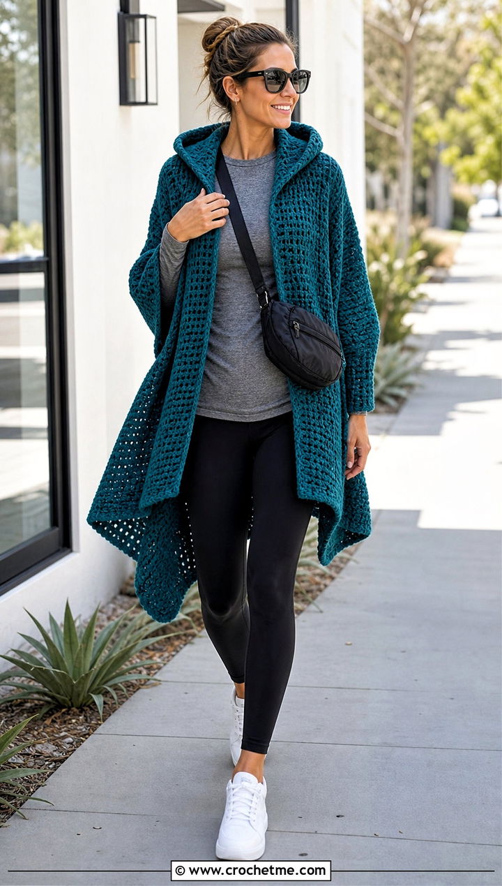 Hooded Crochet Poncho With Sleeves And Black Leggings - 30 crochet poncho with sleeves outfit ideas