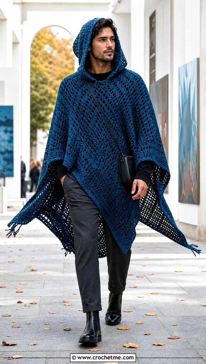 Hooded Crochet Poncho With Tapered Pants - 35 crochet hoodie for men outfit ideas