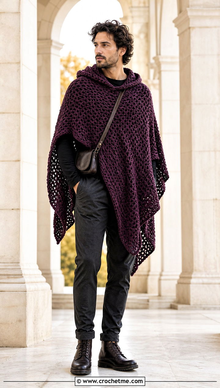 Hooded Crochet Poncho With Tapered Pants - 30 Crochet Hoodies For Men outfit ideas