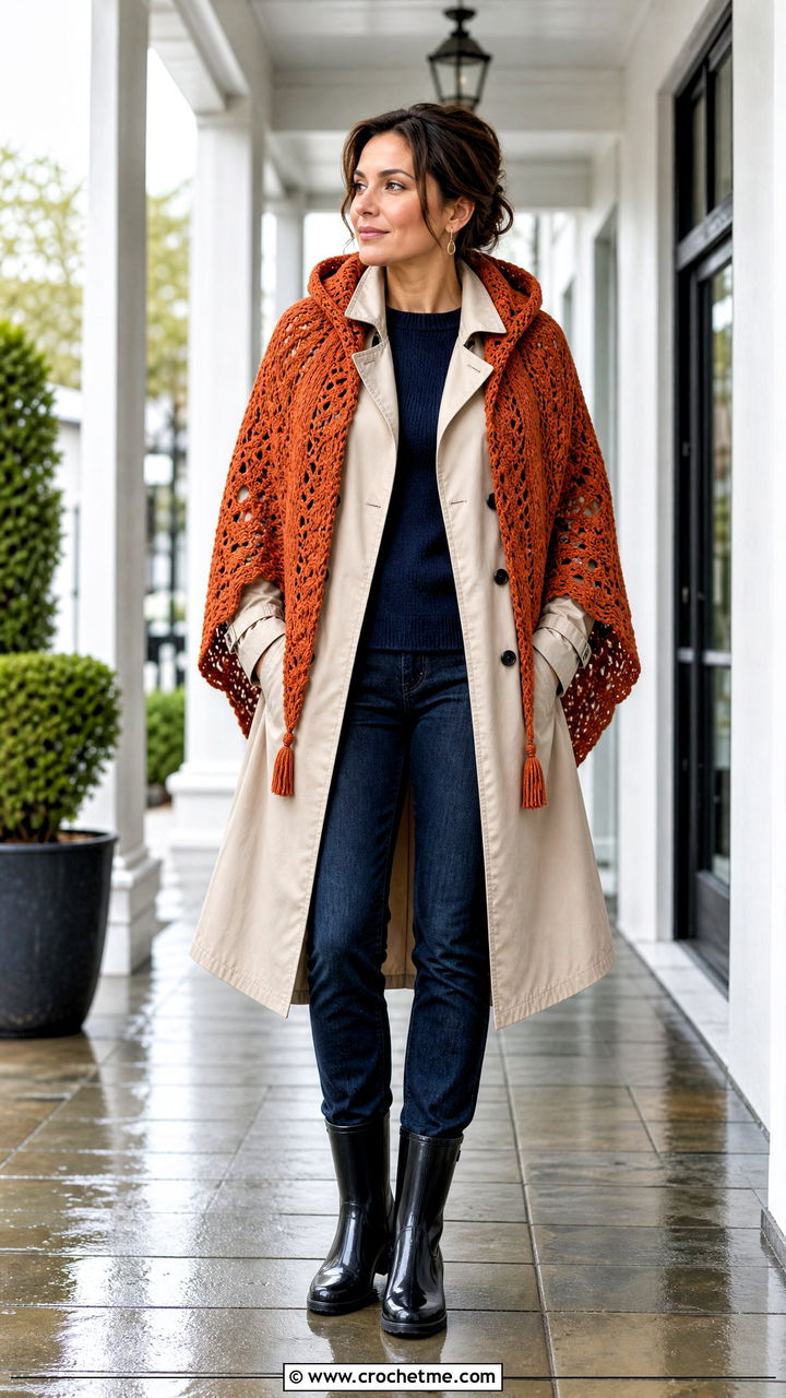 Hooded Crochet Prayer Shawl With Trench Coat And Rain Boots - 35 easy crochet prayer shawls outfit ideas