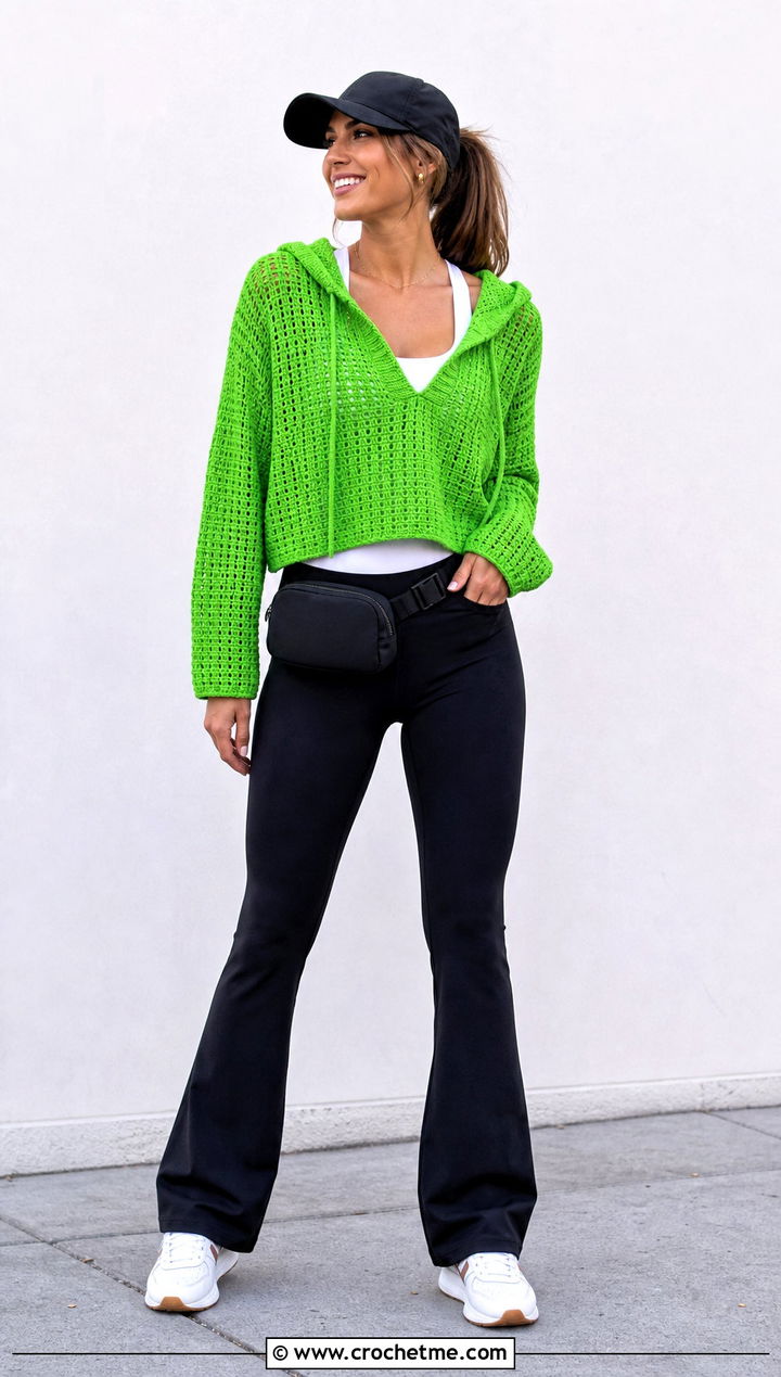 Hooded Crochet Pullover With Flared Leggings - 15 crochet for ladies pull over sweaters outfit ideas