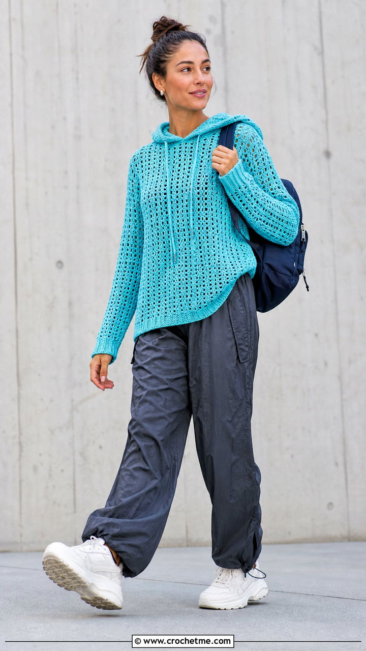 Hooded Crochet Pullover With Parachute Pants - 35 crochet pullover outfit ideas