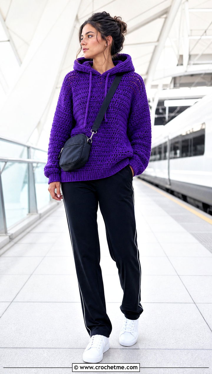 Hooded Crochet Pullover With Track Pants - 30 Easy Crochet Pullover outfit ideas