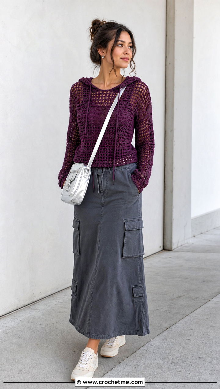 Hooded Crochet Raglan Top With Cargo Maxi Skirt - 30 crochet raglan top outfit ideas