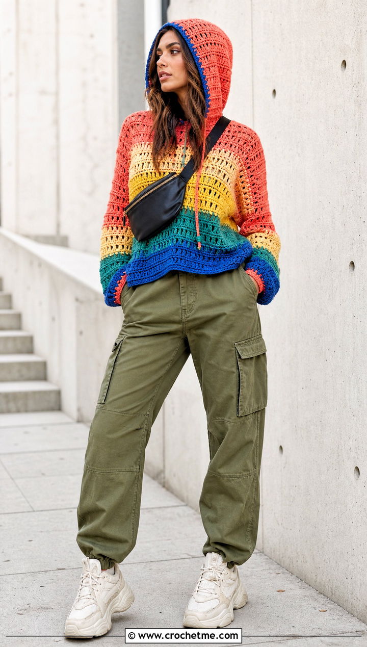 Hooded Crochet Rainbow Sweater With Cargo Pants - 20 Crochet Rainbow Sweater outfit ideas