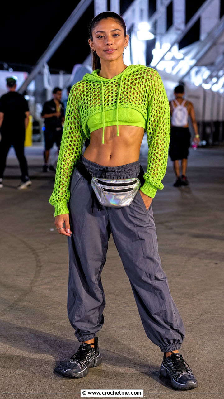 Hooded Crochet Rave Top With Nylon Joggers - 35 crochet rave top outfit ideas