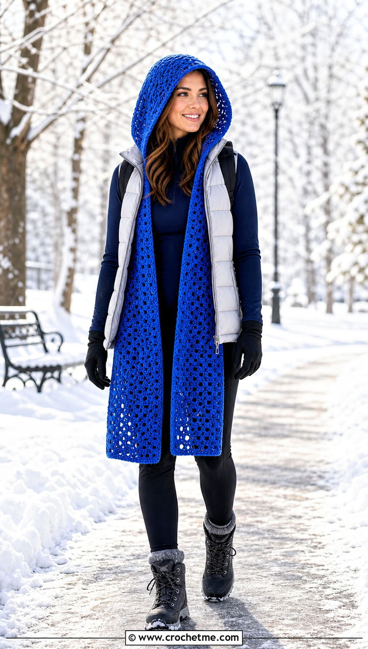 Hooded Crochet Rectangle Shawl With Puffer Vest - 35 Crochet Rectangle Shawl outfit ideas