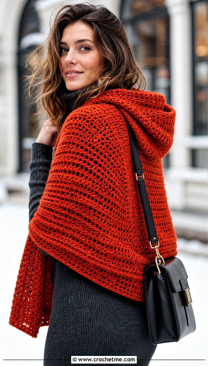 Hooded Crochet Rectangular Shawl With Sweater Dress - 30 crochet rectangular shawl outfit ideas
