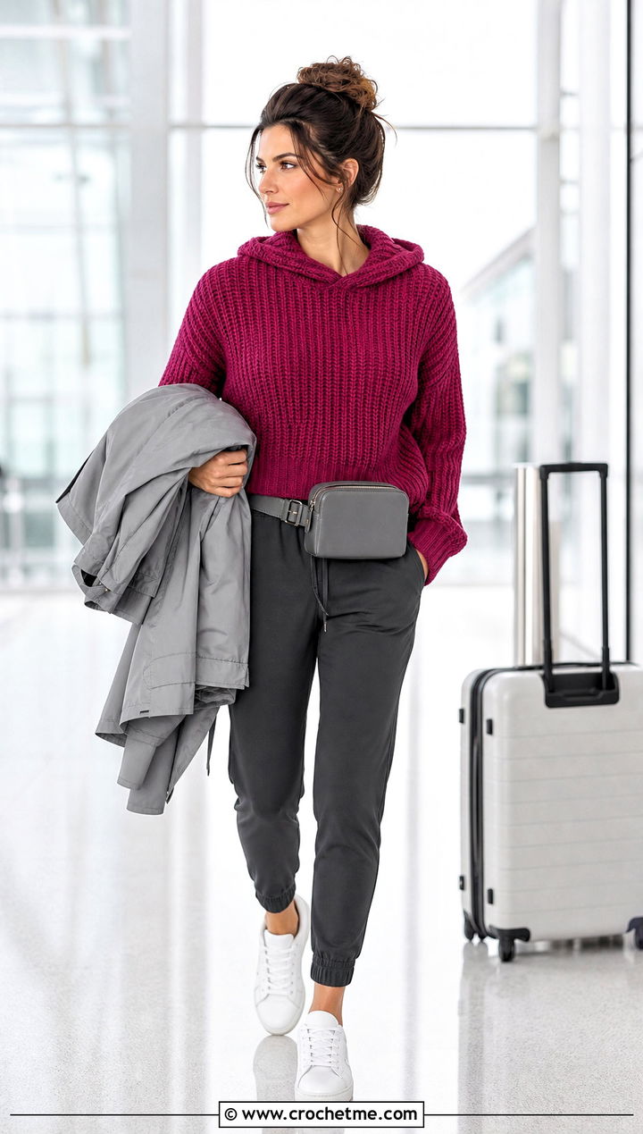 Hooded Crochet Ribbed Sweater With Joggers - 35 crochet ribbed sweater outfit ideas