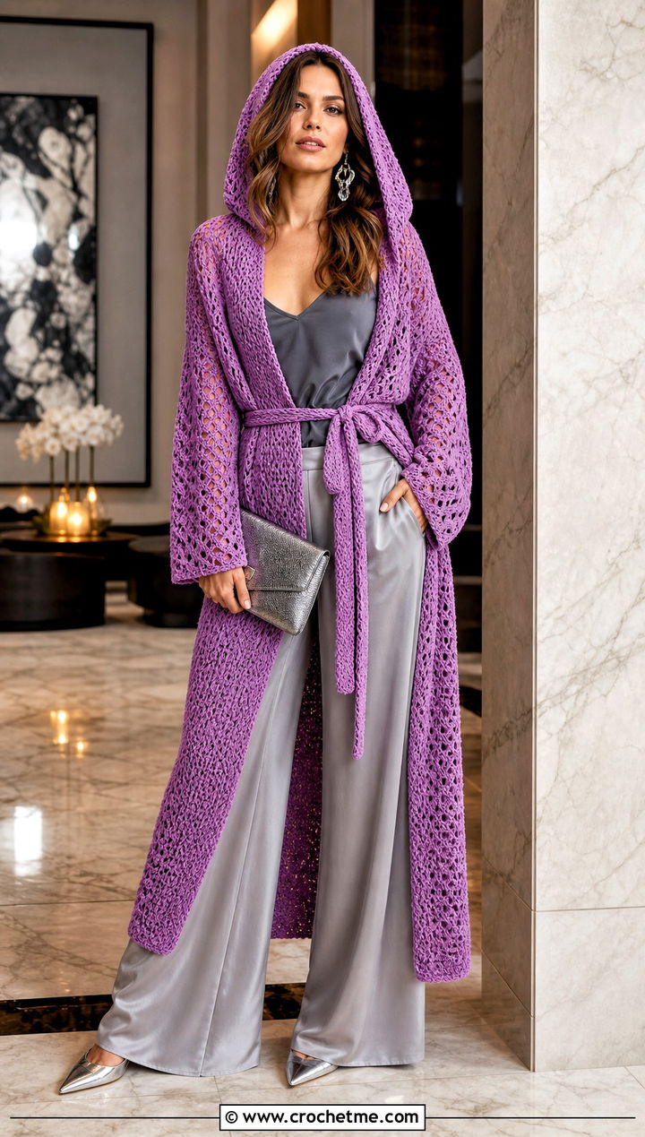 Hooded Crochet Robe Cardigan With Satin Pants - 25 crochet long hooded cardigan outfit ideas