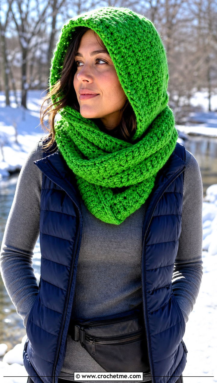 Hooded Crochet Roll Up Scarf With Puffer Vest - 25 Crochet Roll Up Scarf outfit ideas