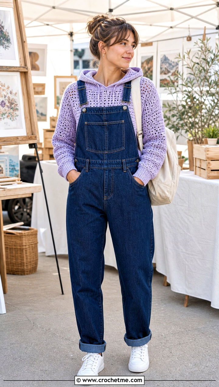 Hooded Crochet Rory Gilmore Sweater With Denim Overalls - 25 crochet rory gilmore sweater outfit ideas