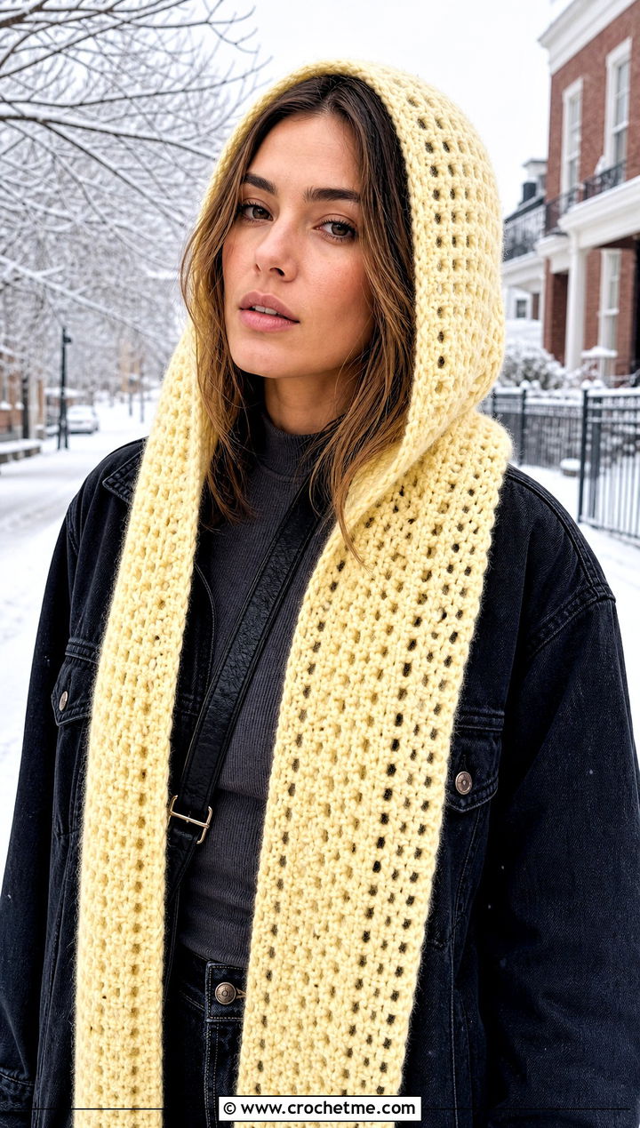 Hooded Crochet Scarf With Black Denim Jacket - 25 denim and crochet scarf outfit ideas