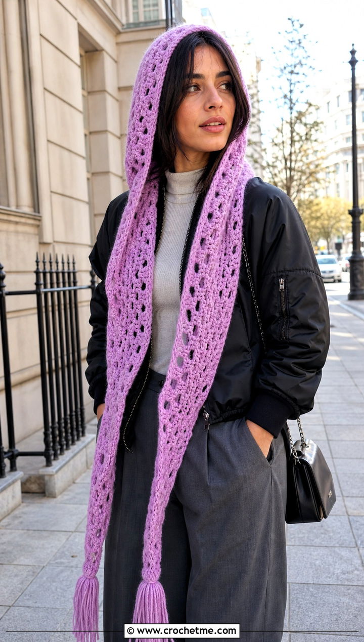 Hooded Crochet Scarf With Bomber Jacket - 25 boho crochet scarf outfit ideas
