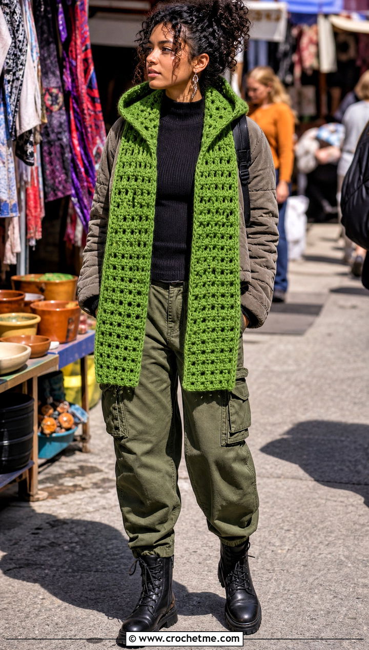 Hooded Crochet Scarf With Cargo Pants - 35 crochet scarves outfit ideas