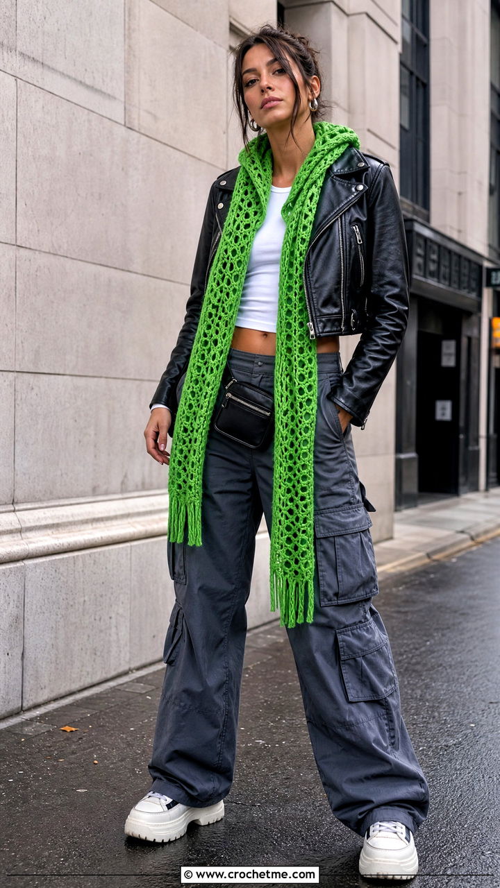 Hooded Crochet Scarf With Leather Jacket - 35 crochet scarf ideas