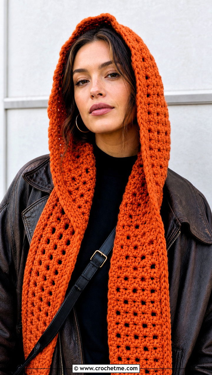 Hooded Crochet Scarf With Leather Jacket - 25 Beautiful Crochet Scarf outfit ideas
