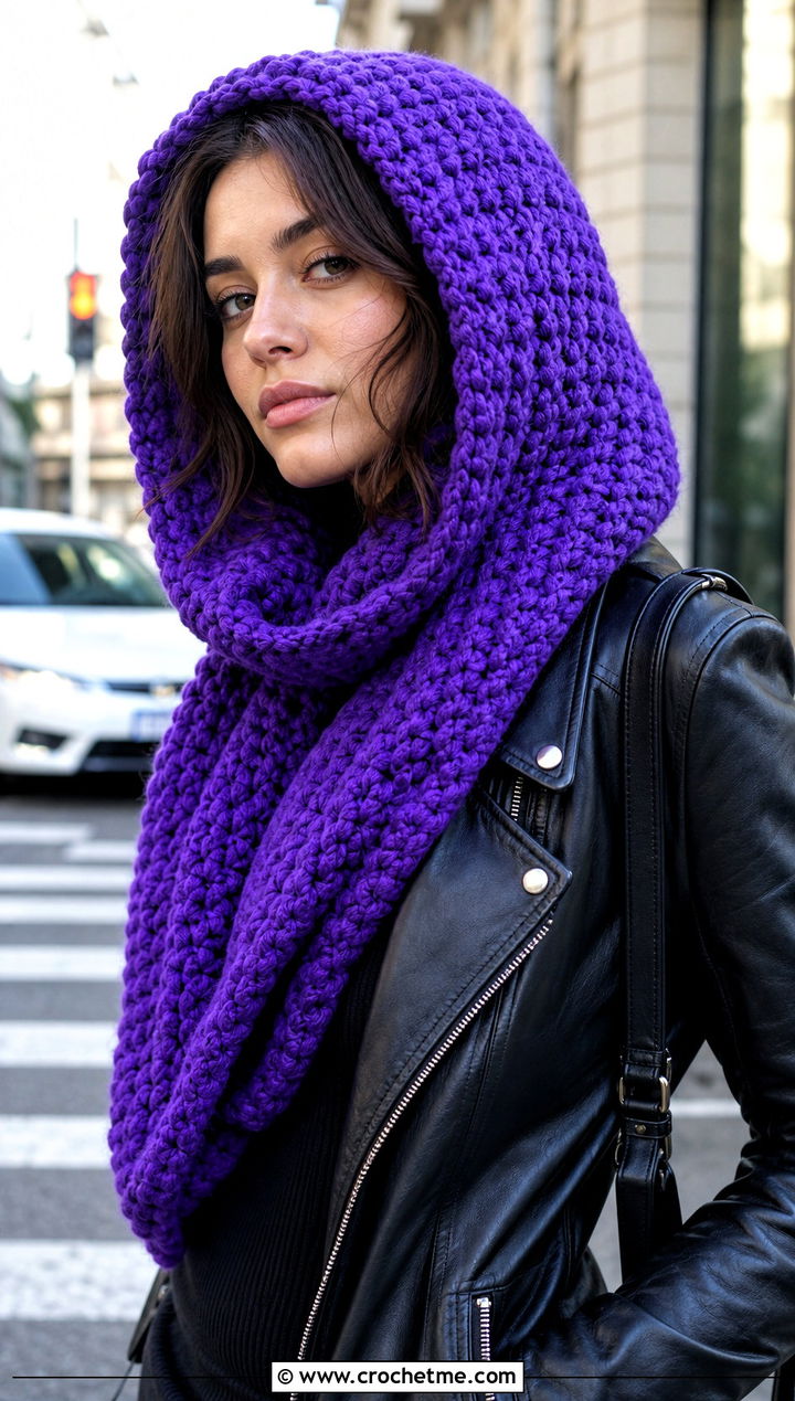 Hooded Crochet Scarf With Leather Jacket - 25 Multifunctional Crochet Scarf outfit ideas