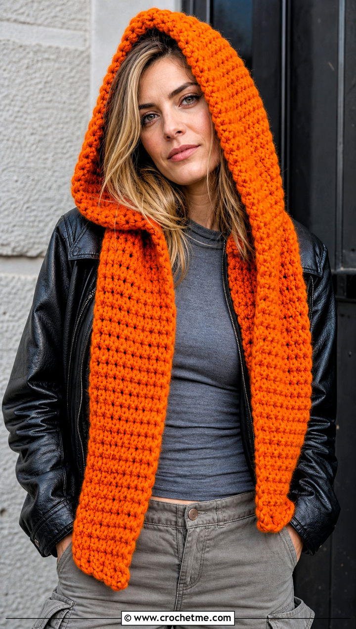 Hooded Crochet Scarf With Leather Jacket - 15 Winter Crochet Scarf Design outfit ideas