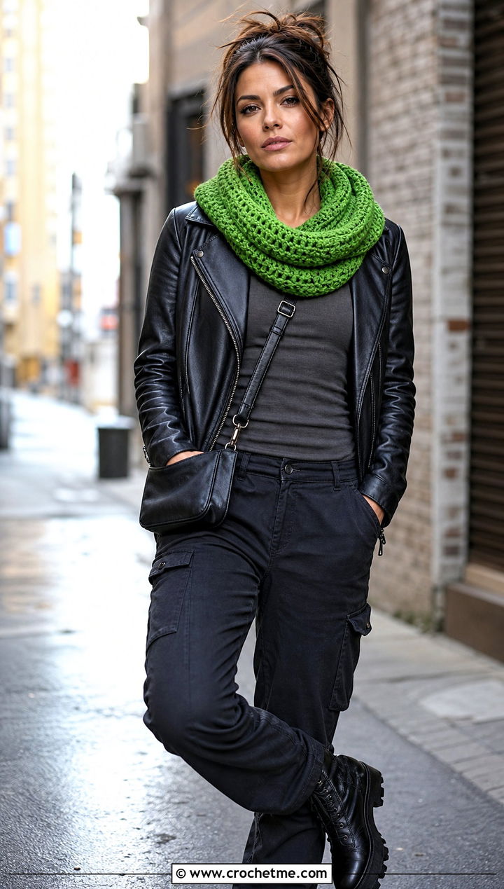 Hooded Crochet Scarf With Leather Jacket And Cargo Pants - 25 pretty crochet scarf outfit ideas