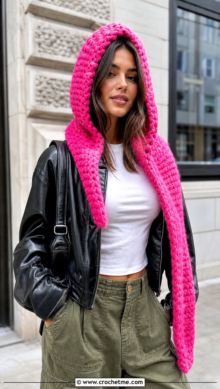 Hooded Crochet Scarf With Leather Jacket And Cargo Pants - 30 easy crochet scarfs outfit ideas