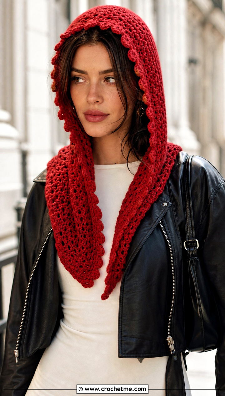 Hooded Crochet Scarf With Leather Jacket And Maxi Skirt - 35 fun crochet scarf outfit ideas