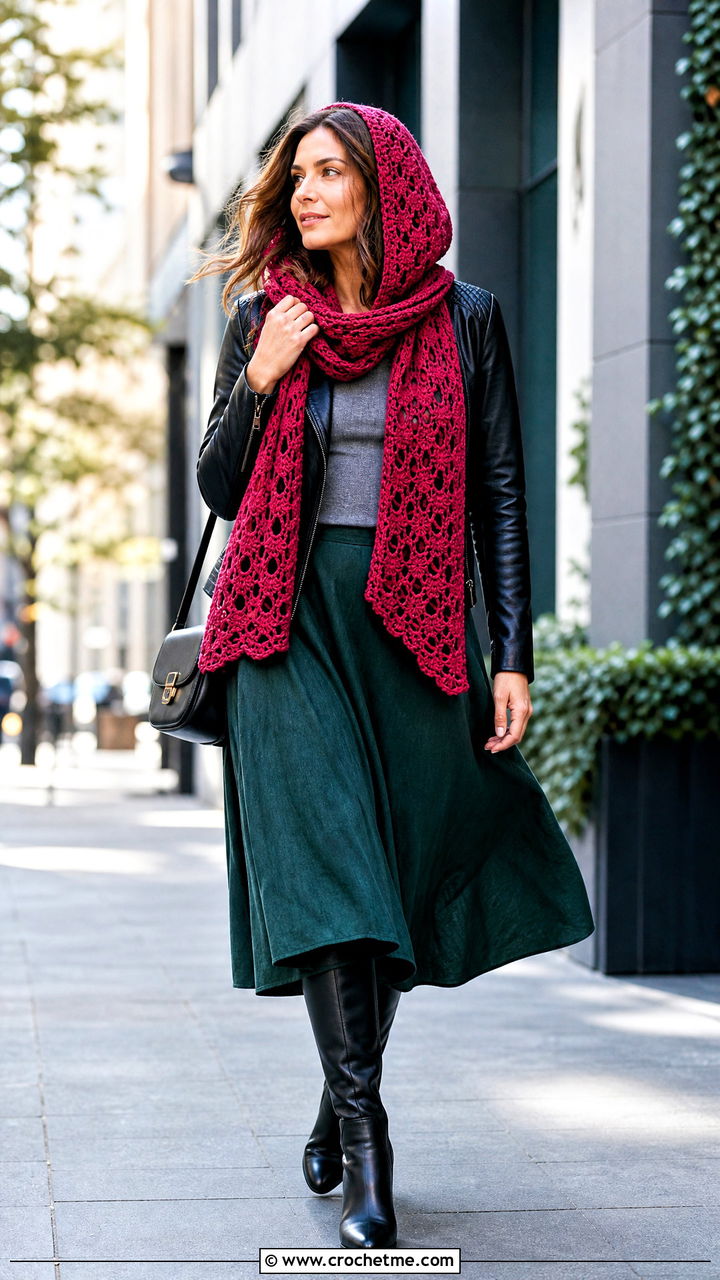 Hooded Crochet Scarf With Leather Jacket And Midi Skirt - 35 quick crochet scarf outfit ideas
