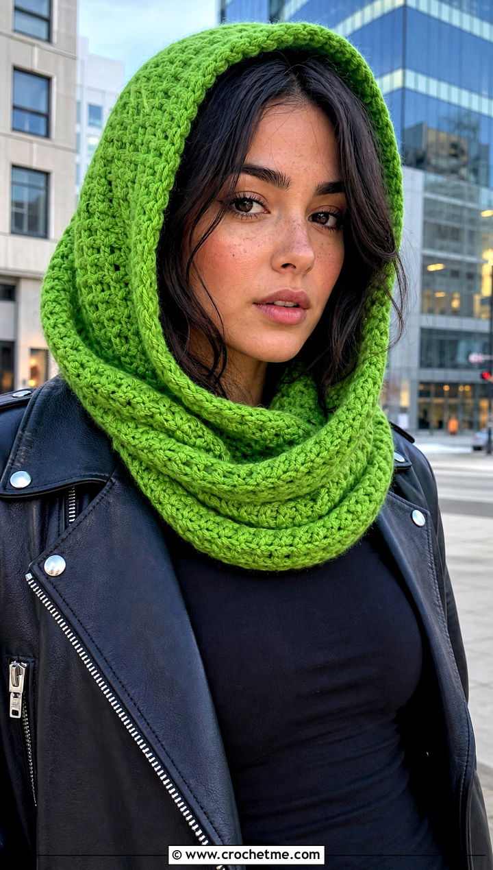 Hooded Crochet Scarf With Leather Jacket - 30 wanderlust crochet scarf outfit ideas