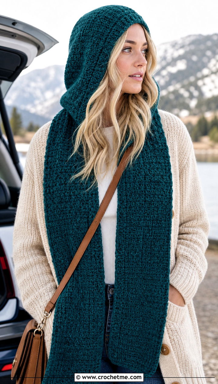 Hooded Crochet Scarf With Long Cardigan - 15 wool ease crochet scarf outfit ideas