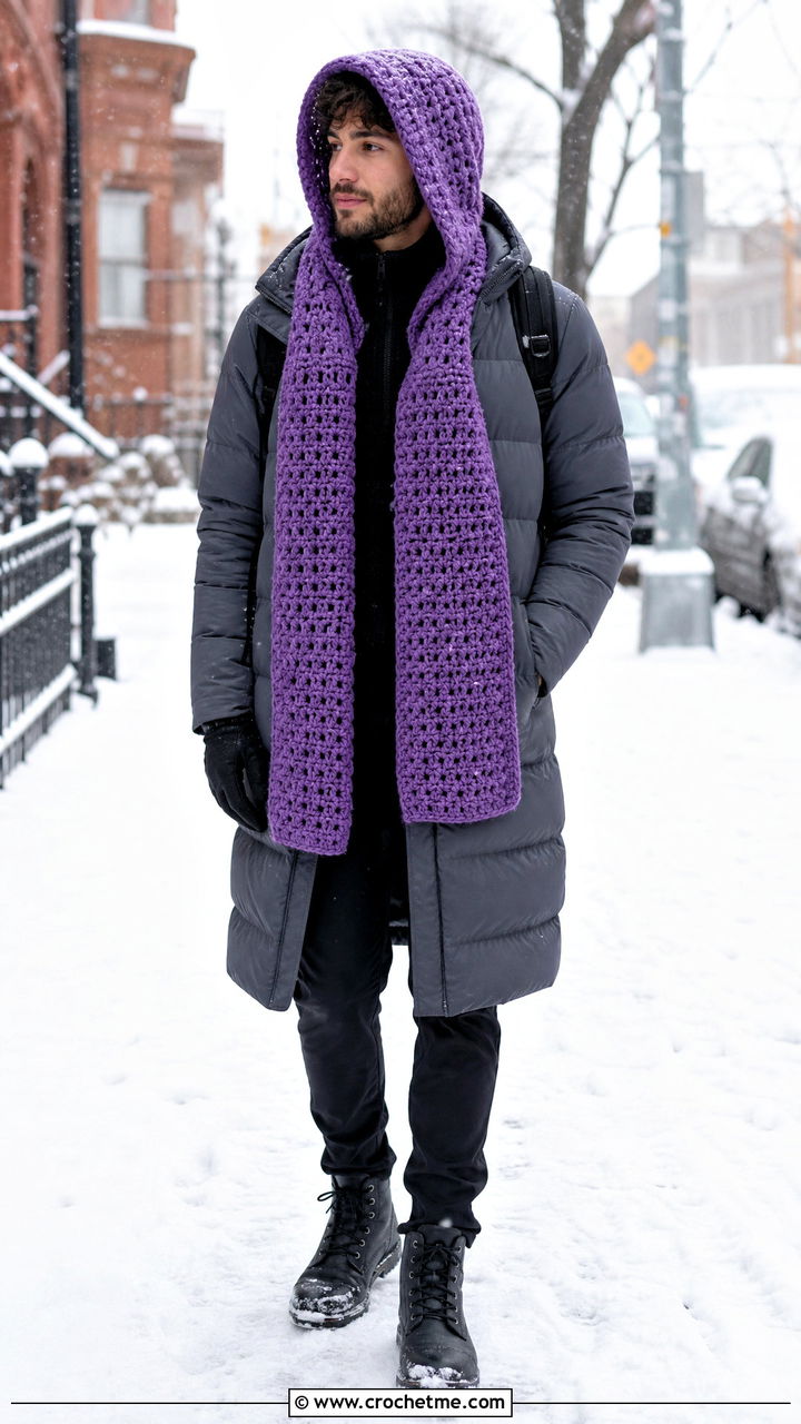 Hooded Crochet Scarf With Long Puffer Coat - 35 crochet scarf for men outfit ideas