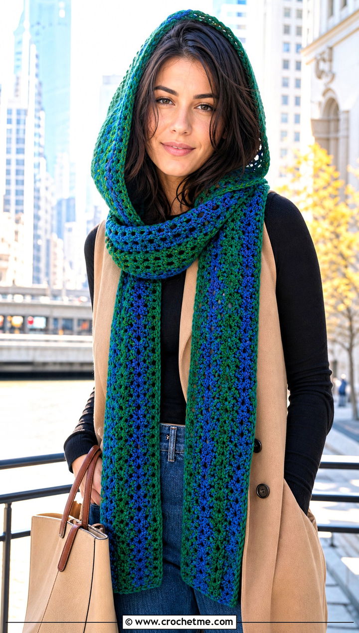 Hooded Crochet Scarf With Long Vest And Wide Leg Jeans - 30 2 color crochet scarf outfit ideas