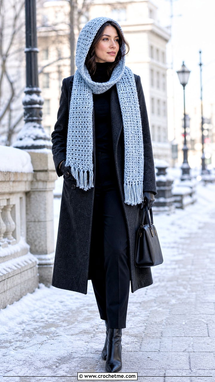 Hooded Crochet Scarf With Long Wool Coat - 35 simple crochet scarf outfit ideas