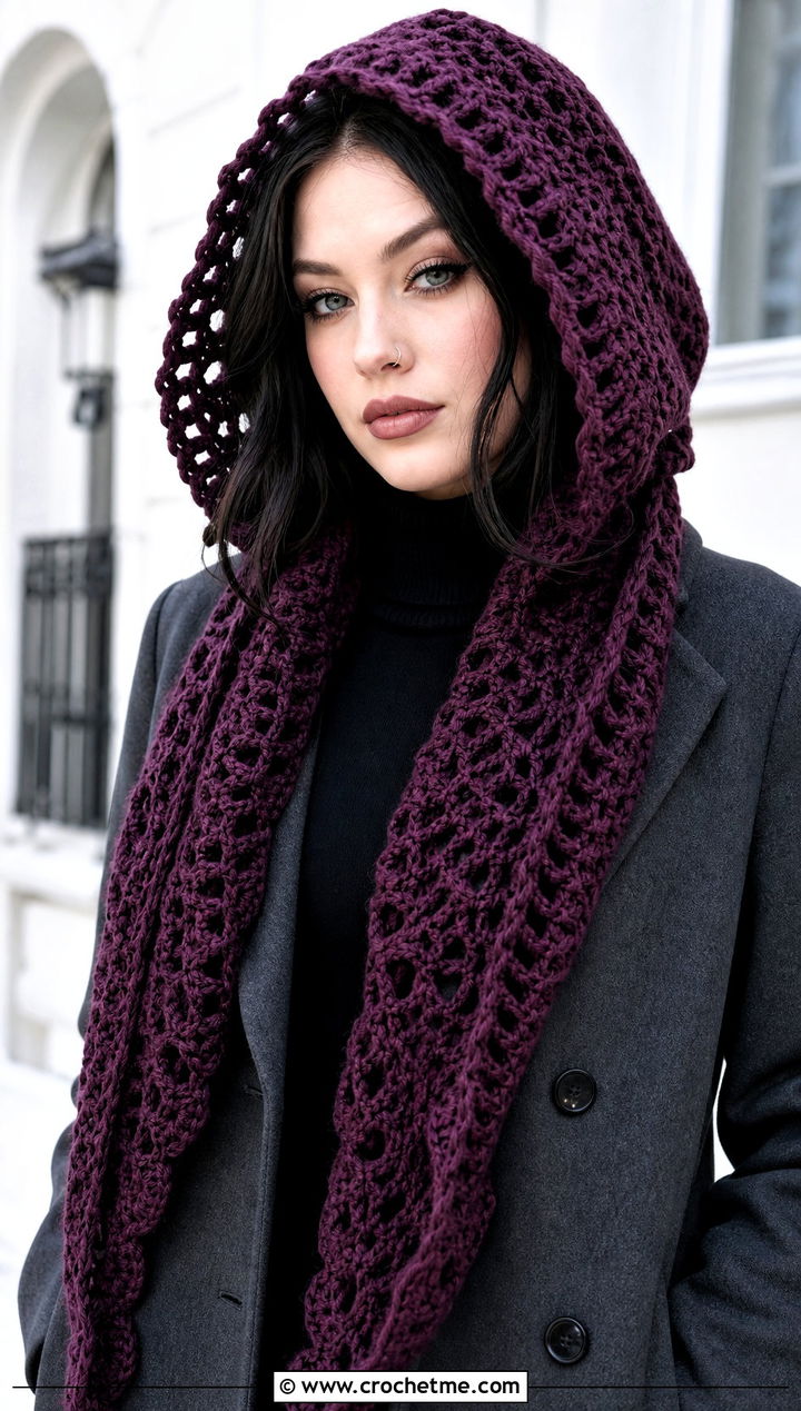 Hooded Crochet Scarf With Long Wool Coat - 25 Wednesday Crochet Scarf outfit ideas