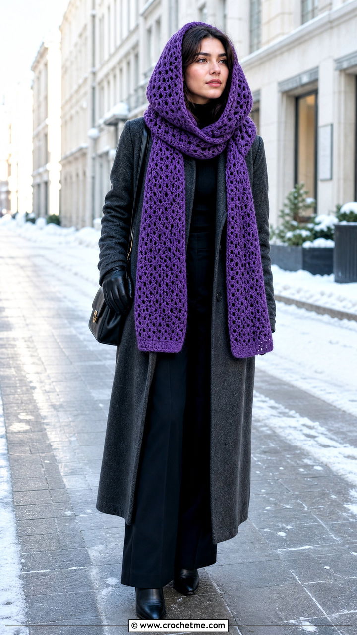 Hooded Crochet Scarf With Long Wool Coat - 35 easy crochet scarf outfit ideas