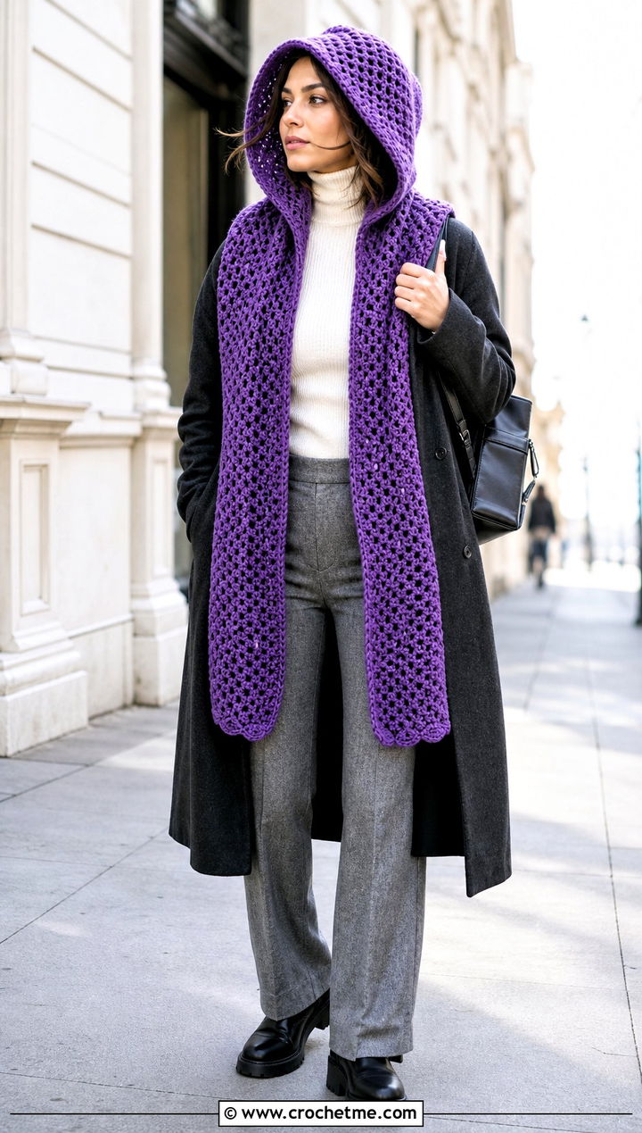 Hooded Crochet Scarf With Longline Coat - 35 fall crochet scarf outfit ideas