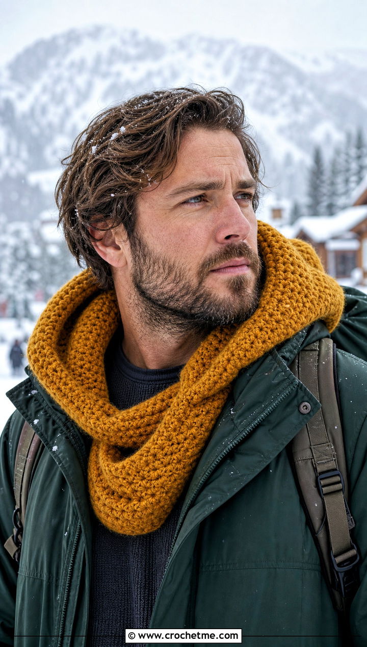 Hooded Crochet Scarf With Parka - 20 men's crocheted scarf outfit ideas