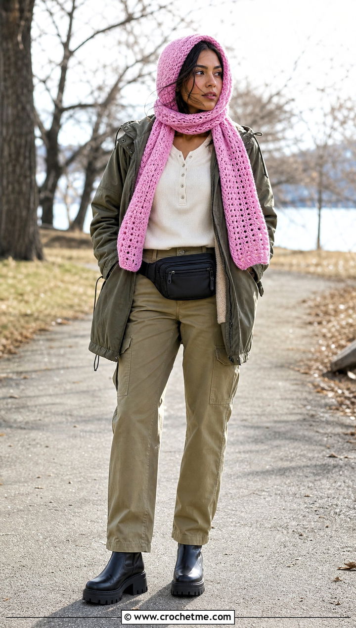 Hooded Crochet Scarf With Parka And Cargo Pants - 35 Winter Crochet Scarfs For Women outfit ideas