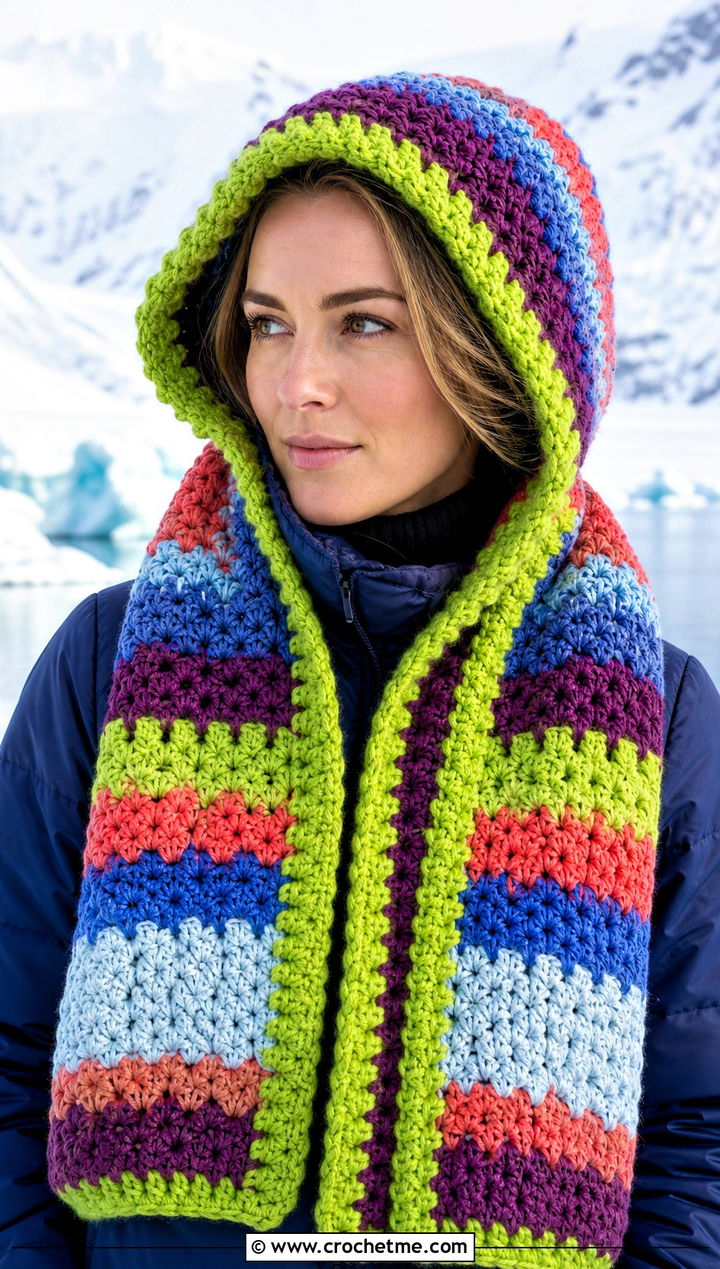 Hooded Crochet Scarf With Parka And Leggings - 25 multi colored crochet scarf outfit ideas