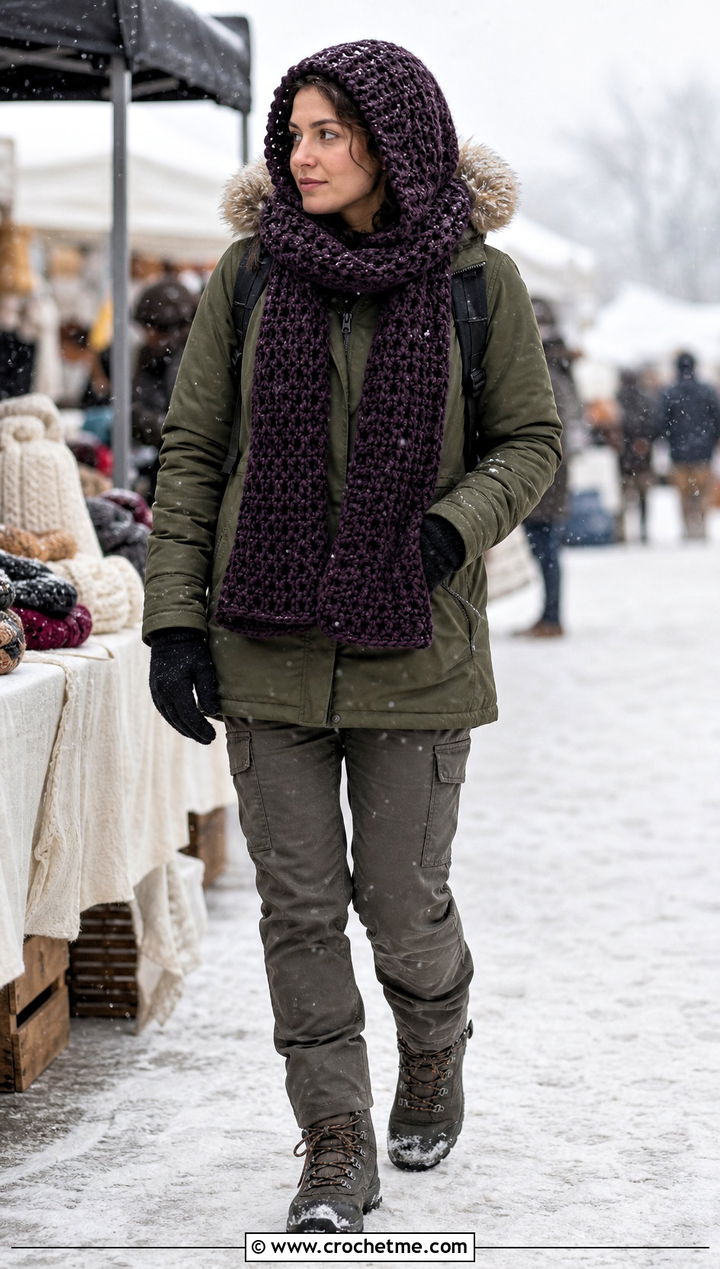 Hooded Crochet Scarf With Parka and Cargo Pants - 35 Winter Crochet Scarf outfit ideas